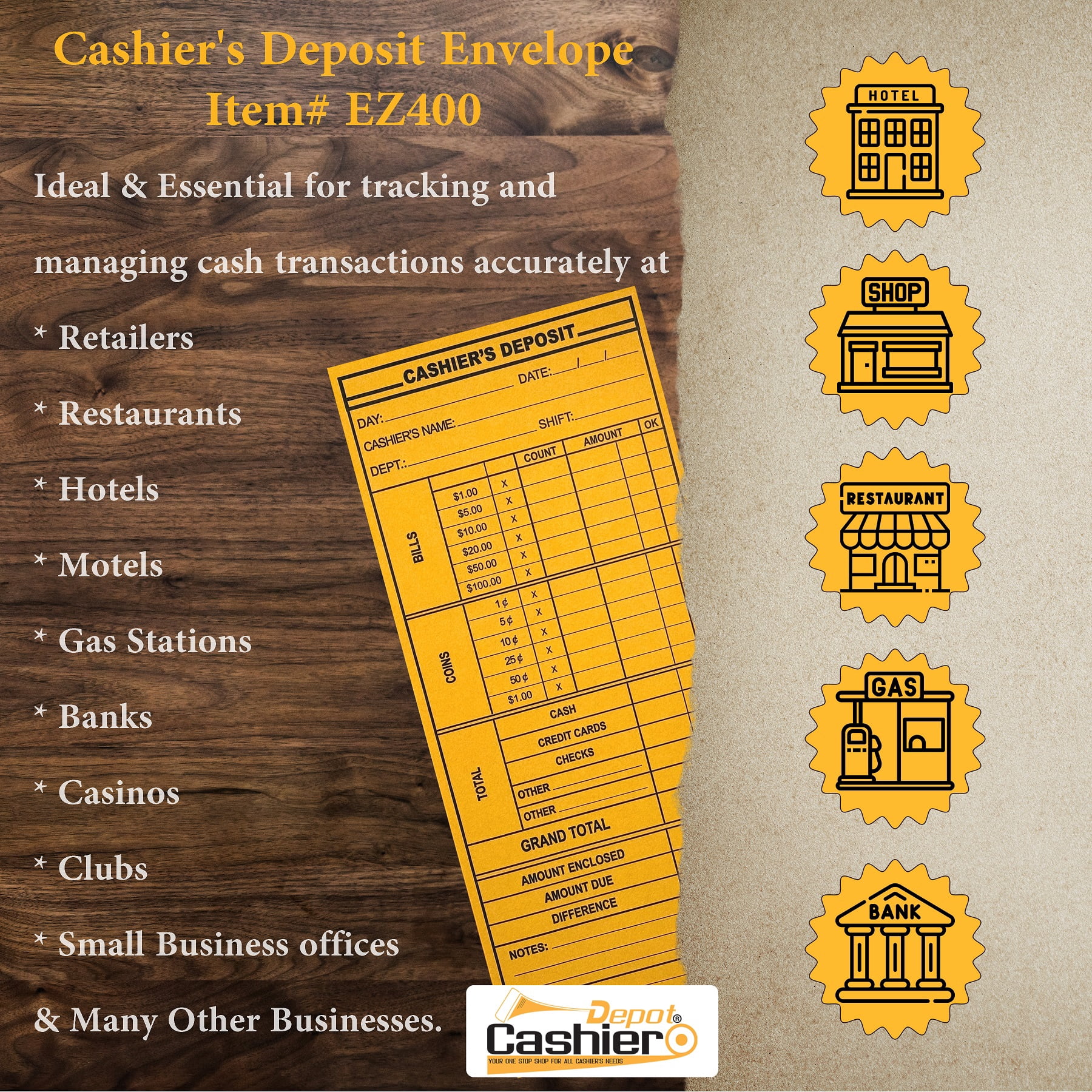500 Cashier Depot EZ400 Cashier's Deposit Report Envelope, 4 1/8" x 9 1/2", Premium 24lb. (500 Envelopes)