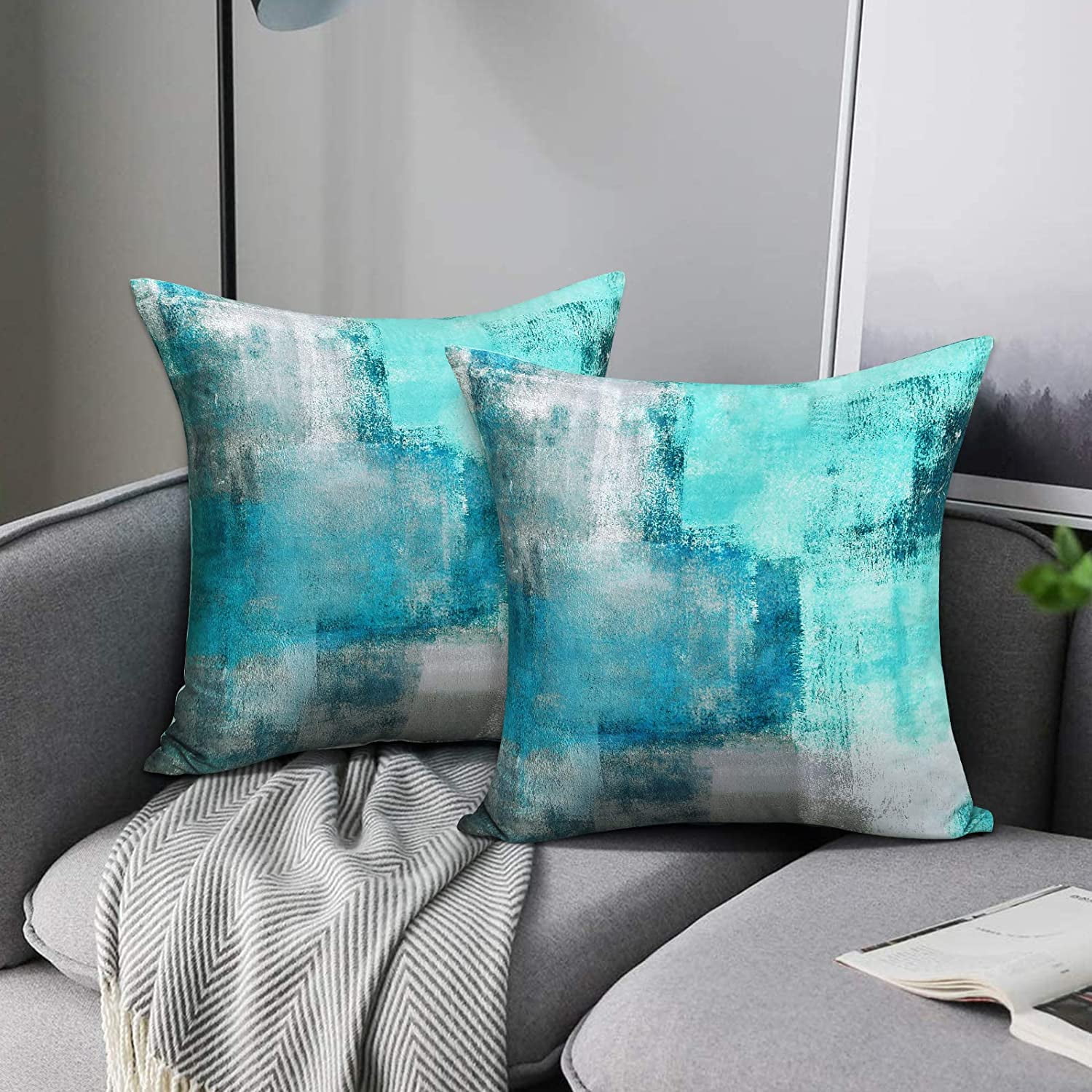 Jiarry 2 Pack Teal Decorative Throw Pillow Covers 18 X 18 Inch Turquoise Pillow Cases Teal And Grey Pillow Covers Home Decor Cushion Cover For Couch S