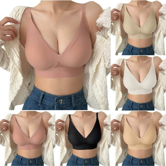 SMihono Push Up Bra for Women Seamless Wireless Stretchy Beauty Back Sports Bra Soft Comfy Bralette Plunging V T-Shirt Bra Beige L US(6)