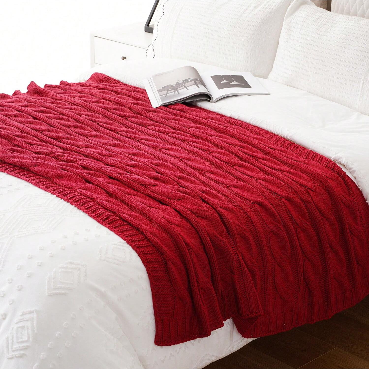 Burgundy Cable Knit Blanket for Sofa,Decorative Red Knitted Throw Blanket for Christmas Decor,50"x60"