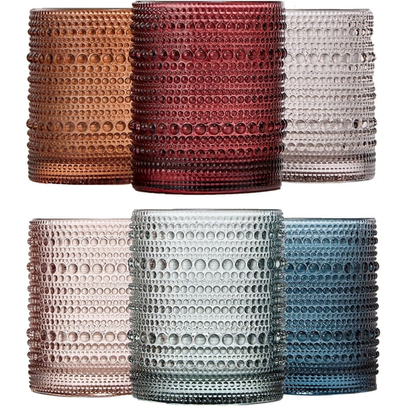 Set of 6 Vintage Style Colored Hobnail Tumbler Glasses, 11 oz Embossed Design