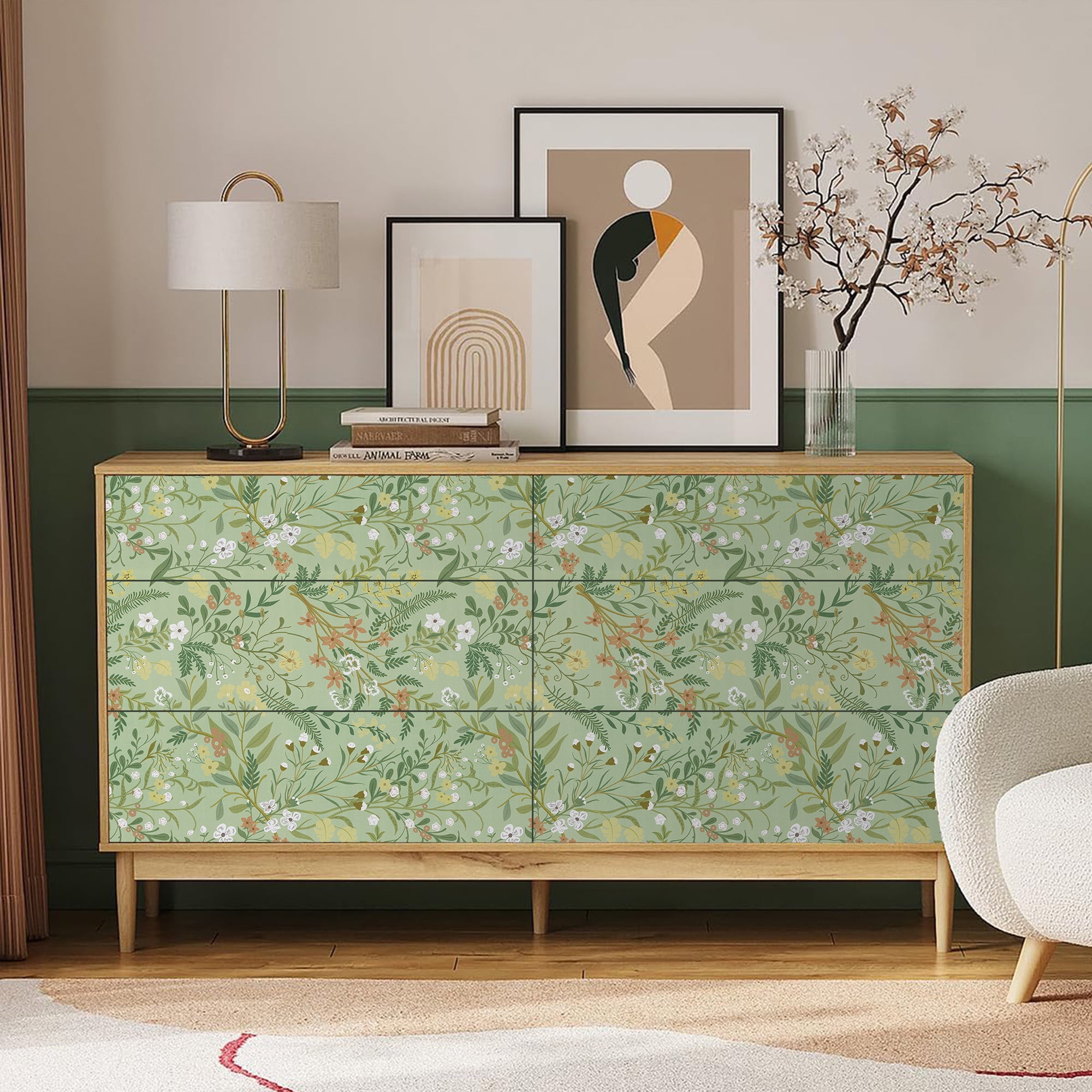 Abyssaly Green Floral Peel and Stick Wallpaper 17.3" × 393.7" Removable Self-Adhesive Green Vinyl Wallpaper for Home Decor