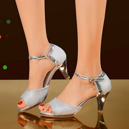 

Cathalem Ladies Summer Fashion Solid Color Sequined Fish Mouth Buckle High Heel Sandals Sandal Slippers for Women Silver 6.5