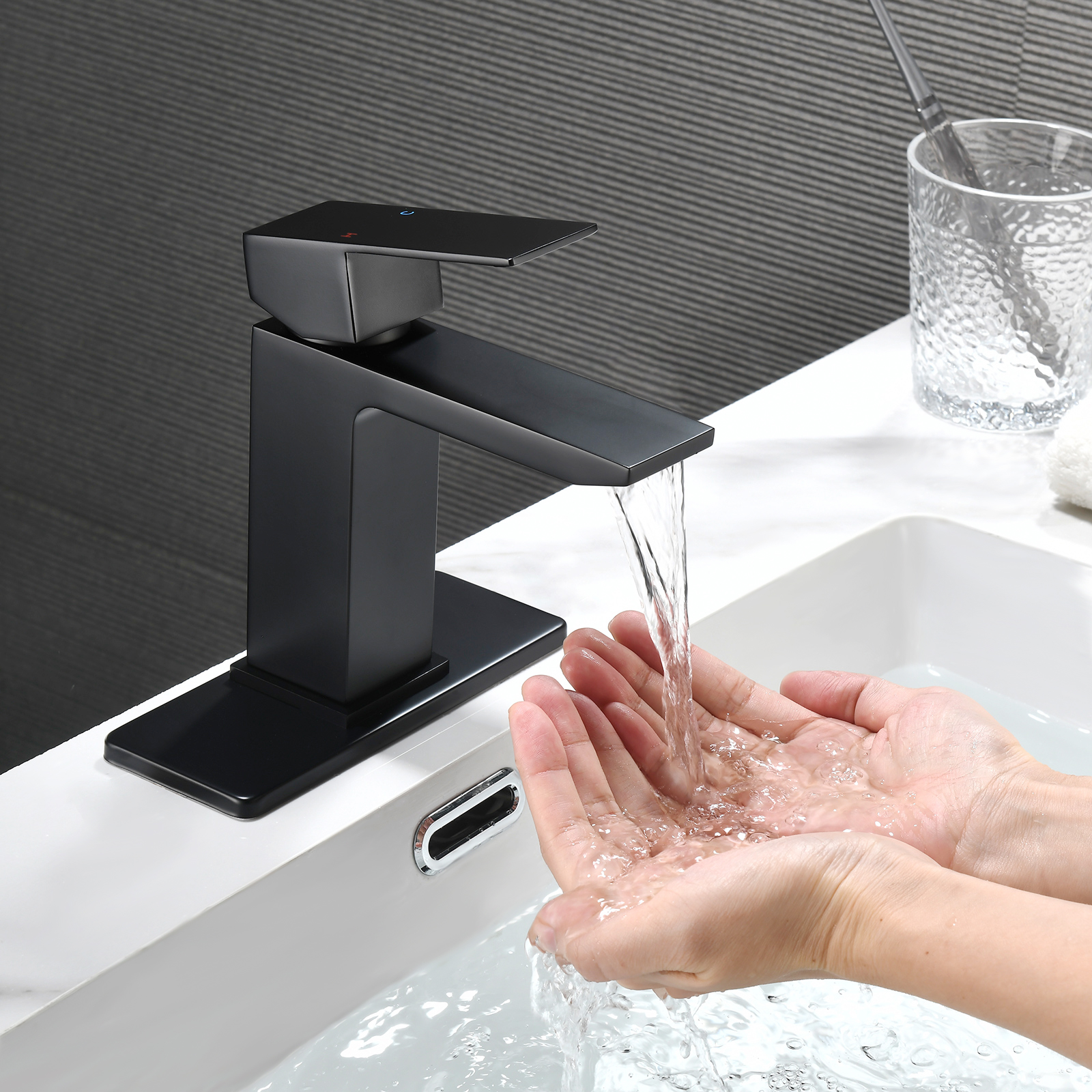 Cobbe Single-Handle Bathroom Sink Faucet for Vanity Waterfall Spout Design Single-Hole Installation With Pop-Up Drain Matte Black