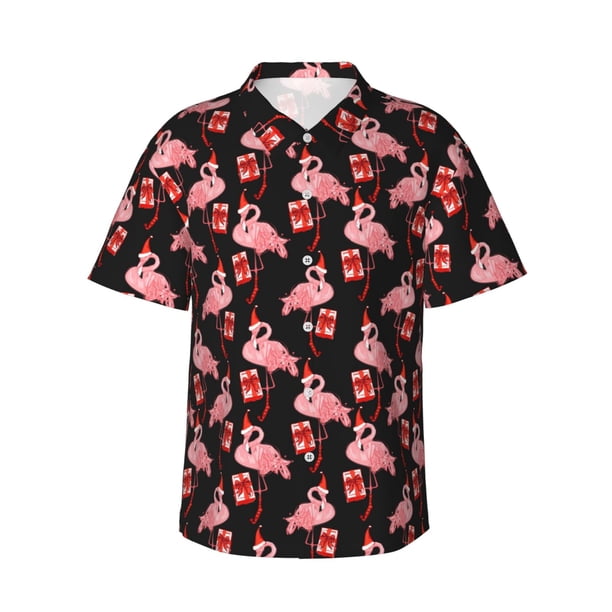 Fotbe New Year Flamingo Camisa Hawaiana para Hombre Unisex – Camisa Casual de Verano con Botones de Manga Corta de Algodón y Lino,Medium