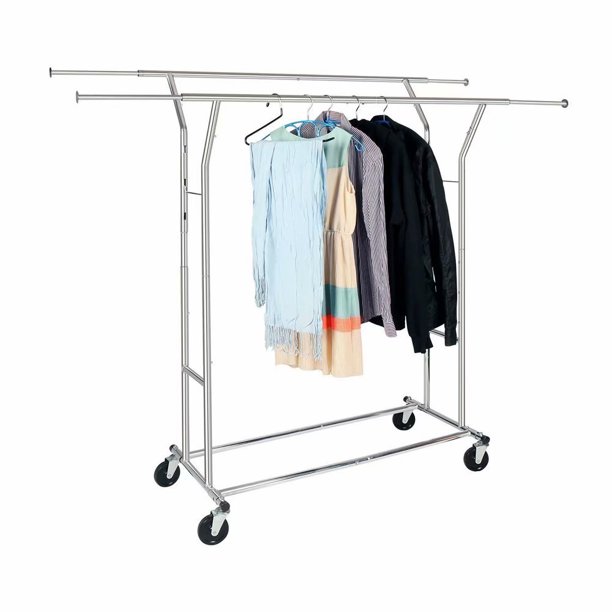 Portable Doublebar Steel Clothes Rack Silver