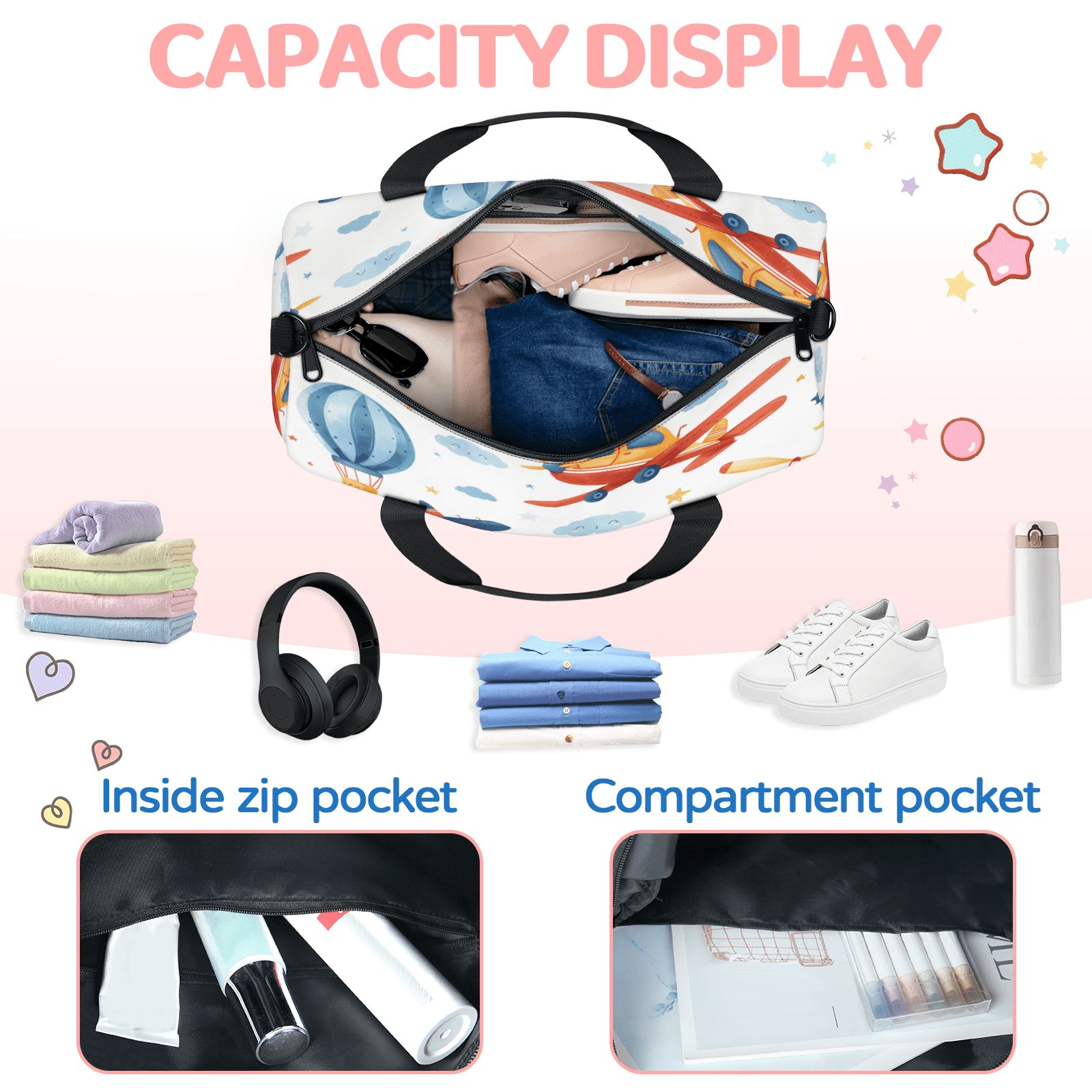 Herdesigns Airplane Gym Bag for Women, Duffle Bag for Travel Sport, Plane Lightweight Waterproof Carry on Weekender Dance Yoga Workout Bags