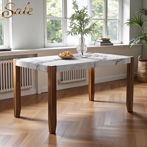 GZXS 46.5" Modern White Marbling MDF Dining Table, Rectangular Kitchen Table with Solid Rubberwood Legs, 300 lbs Heavy Duty Dinner Table for 4 Persons