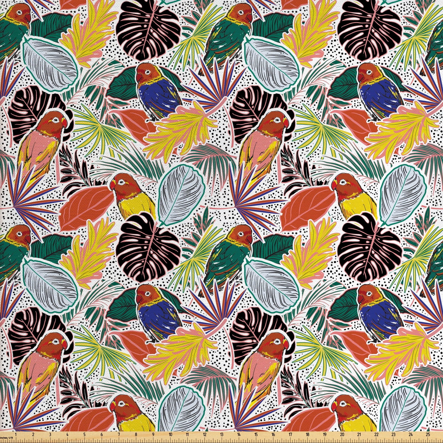 Bird Print Fabric by The Yard, Colorful Tropical Forest with Leaves and