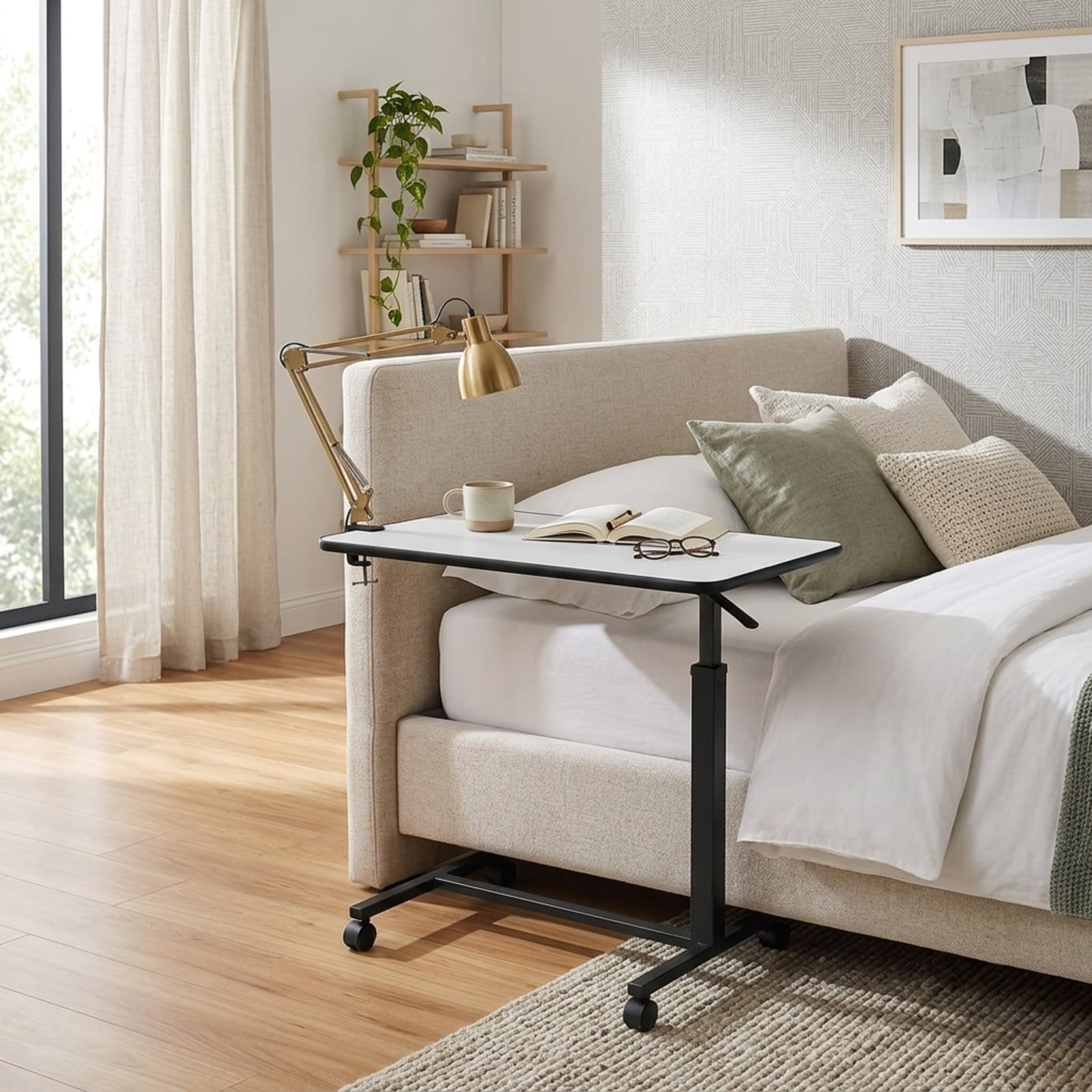 Fenbeli Adjustable Rolling Desk, White Mobile Standing Desk with Wheels and Tilting Top, Side Table for Couch Bed Home Office and Reading