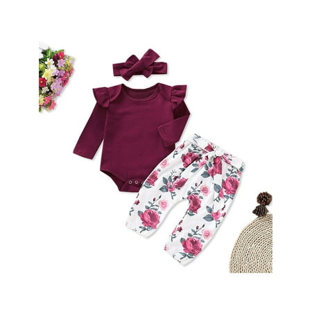 

Ruffle Crimson Romper and Floral Pants with Headband