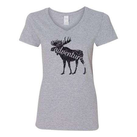 Moose Adventure Camping Hiking Womens V Neck T-Shirt