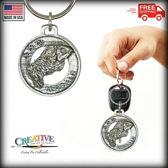 Airedale Terrier Dog, Keychain, D002KC, 1 1/2 inch, Puppy, K9, Terrier, Metal, Gift, Handmade in the USA, 110 Dog Breed Designs Available, 100% American Made