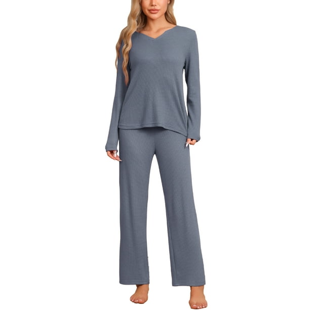 INSPIRE CHIC Pijamas de mujer Waffle Suave Conjunto de sudadera de manga larga V Cuello Otoño Invierno Ropa de casa L Azul