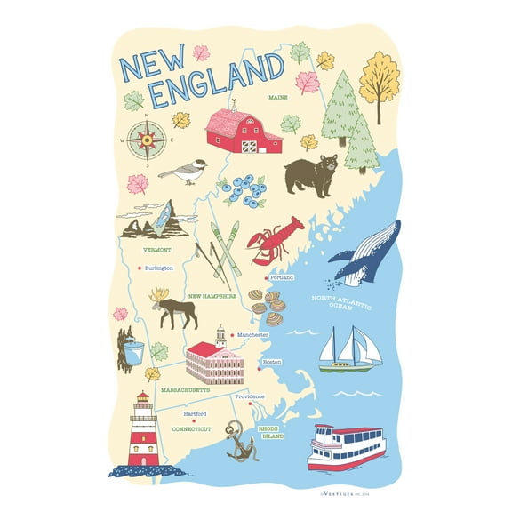 Vestiges New England Region Souvenir Tea Towel 21.5" x 32" Eco-Friendly