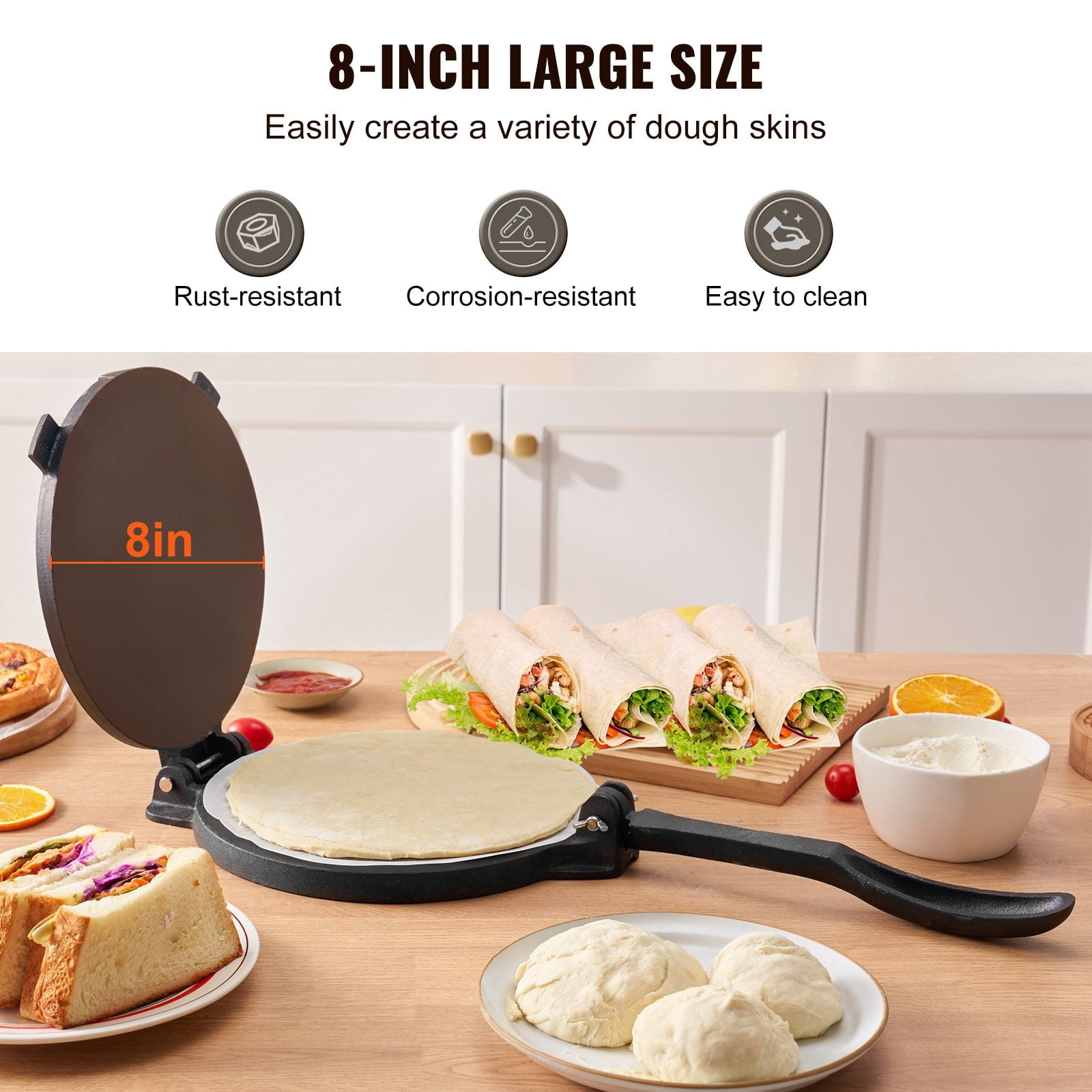 8-Inch Cast Iron Tortilla Press, Heavy-Duty, Non-GMO Flaxseed Oil Seasoned, Ergonomic Handle, Includes 100 Silicone Papers for Flour Corn Tortillas