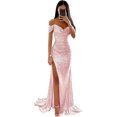 thumbnail image 1 of Vestidos largos de noche con hombros descubiertos y lentejuelas elegantes, vestidos formales de graduación con abertura fruncida de sirena personalizados para fiesta de mujer 2024, 1 of 5