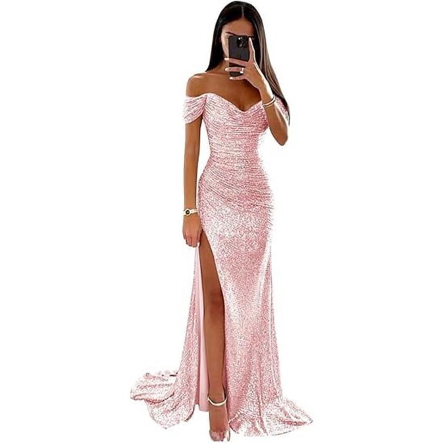 Vestidos largos de noche con hombros descubiertos y lentejuelas elegantes, vestidos formales de graduación con abertura fruncida de sirena personalizados para fiesta de mujer 2024