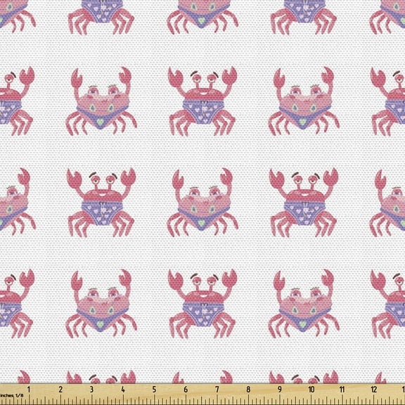 Ambesonne Nautical Fabric by the Yard Upholstery, Aquamarine Crab Pattern, 2 Yards, Pastel Pink and Pale Lavender