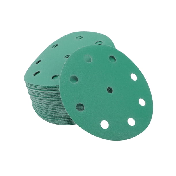 Discos de lijado únicos de 5 pulgadas, 9 agujeros, grano 180, papel de lija redondo con gancho y lazo, óxido de aluminio verde, 50 piezas