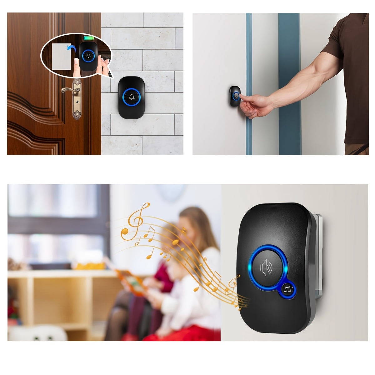 Long-range Smart Home Doorbell: 2-in-1 Design, 32 Melodies, 4 Volume Levels, LED Flash, Plug-and-Play, No Wiring, Black
