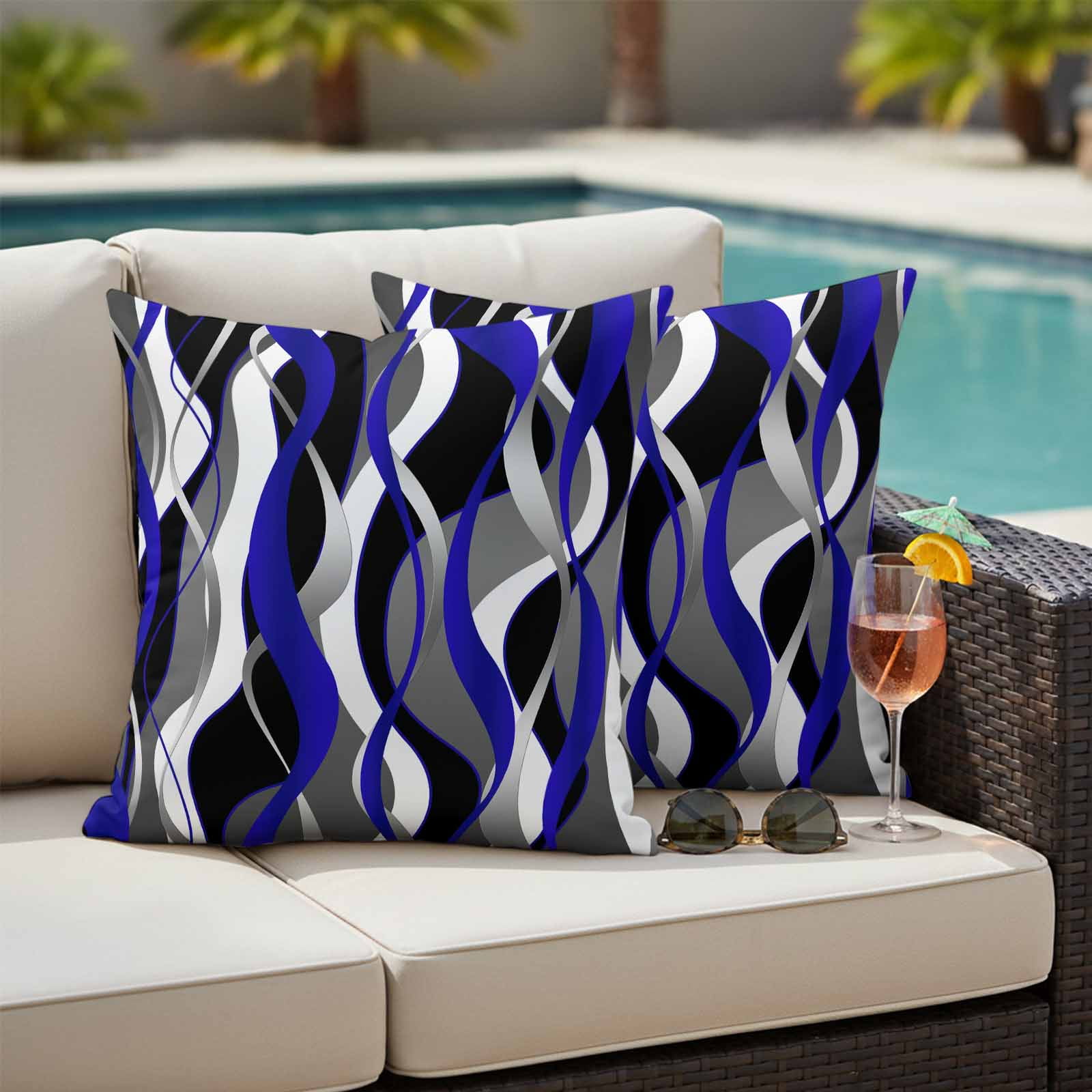 Blue Stripe Outdoor Waterproof Pillow Covers, Ombre Grey Moire Geometric Modern Abstract Decorative Square Throw Pillowcase Sofa Cushion Sham for Patio/Couch/Chair, 18"x18" 2 Pack