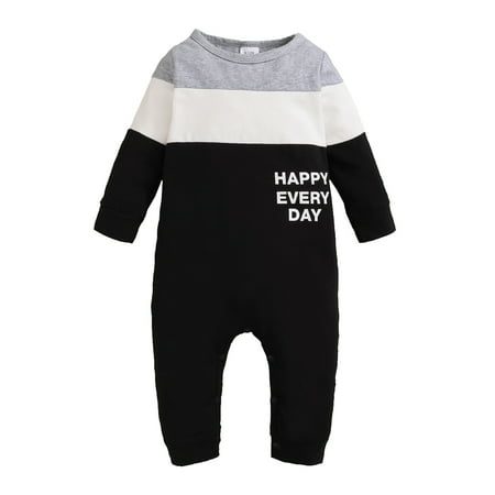 

KIMI BEAR Newborn Baby Boys Rompers 9 Months Newborn Boy Autumn Bodysuits 12 Months Newborn Boy Casual Letter Print Round Neck Color Stitching Long Sleeve Jumpsuits Black
