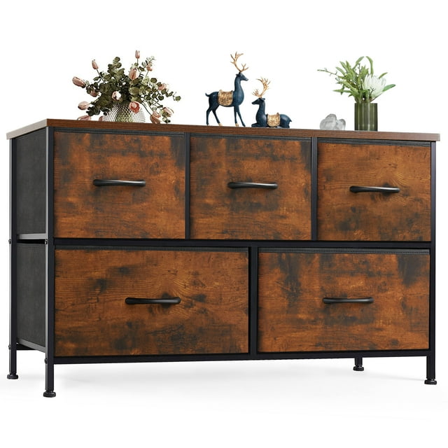 EDX Commode à 5 Tiroirs pour Chambre, Organisateur de Rangement en Tissu Petite Armoire, Brun Rustique