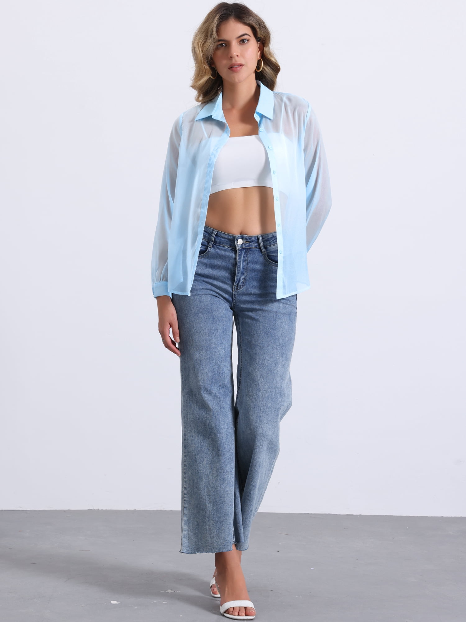 DARING DIVA Women's Mesh Sheer Tops Point Collar Button Down Shirt S Light Blue