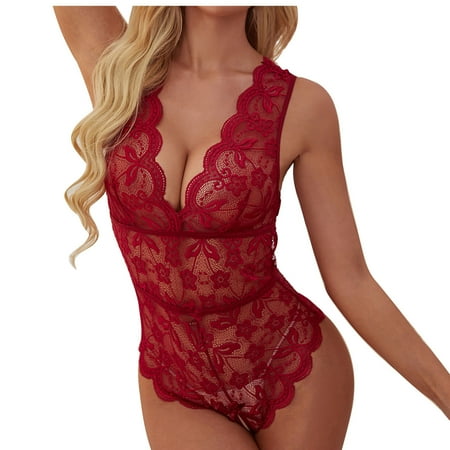 

kakina CMSX Clearance Women Sexy V Neck Lingerie Lace Bowknot Sleepwear Sleeveless Underwear Jumpsuit Suit Red XXL