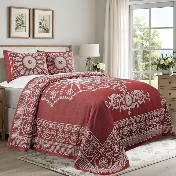 Superior Cotton Blend Woven Jacquard Vintage Medallion Bedspread Set 3-Pieces, Queen, Berry Red
