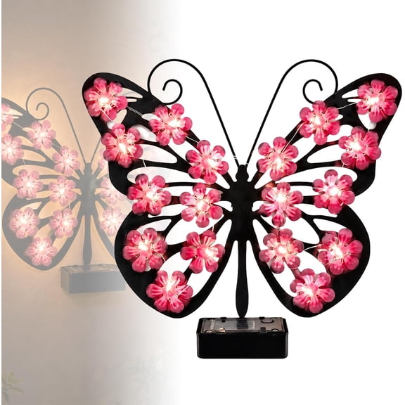 Solar Lights Outdoor Metal Butterfly Wall Decor, Waterproof Garden Light with Warm LED Flowers and Illuminated Wings, Hanging Fence Decoration for Patio, Yard, Porch and Backyard (Pink)