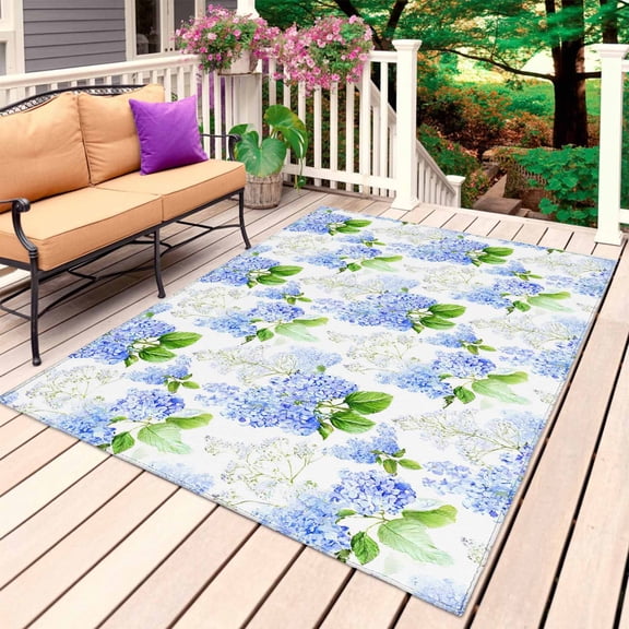 Summer Hydrangeas Outdoor Rug 5x8 Ft, Non Slip Washable Area Rug, White Blue Flowers Pastoral Leaves Patio Rugs Carpet Runner, Large Floor Mat for Indoor/Outdoor Deck Porch Camping