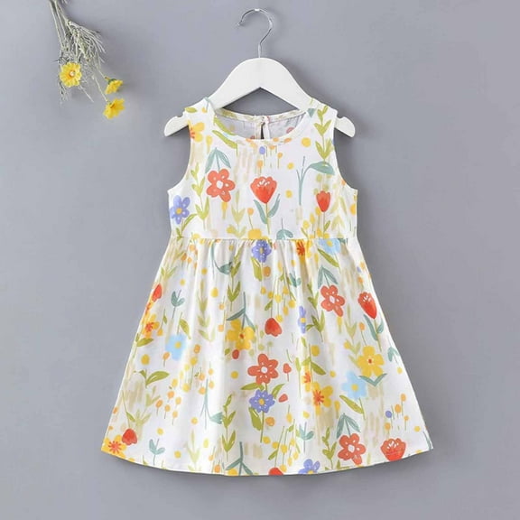HVOBTTY Toddler's Soft Cocktail-Length A-Line Dresses, Summer Dresses for Kid Girls' Casual Comfortable Print Sleeveless Round Neck A-line Hem Stylish Versatile Daily Wear Dresses White, 1-2 Years