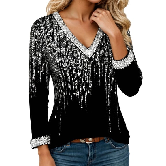 Long Sleeve Shirts for Women Glitter Sequin V Neck Loose Dressy Casual Tshirt Blouse Night out Tops
