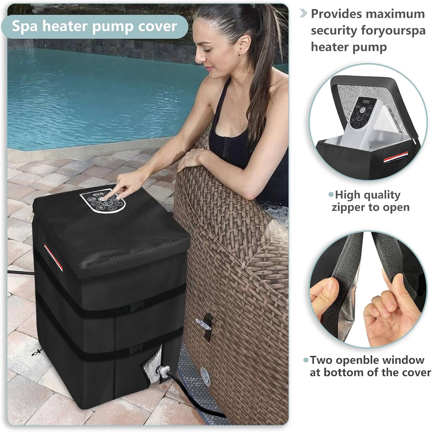 Hot Tub Pump Cover, Hot Tub Insulated Pump Cover, Hot Tub Spa Heater Pump Cover with Colorful Handles, Dustproof, Waterproof, and UV-Resistant, Upgraded and Thickened for Spa Heaters (Black)