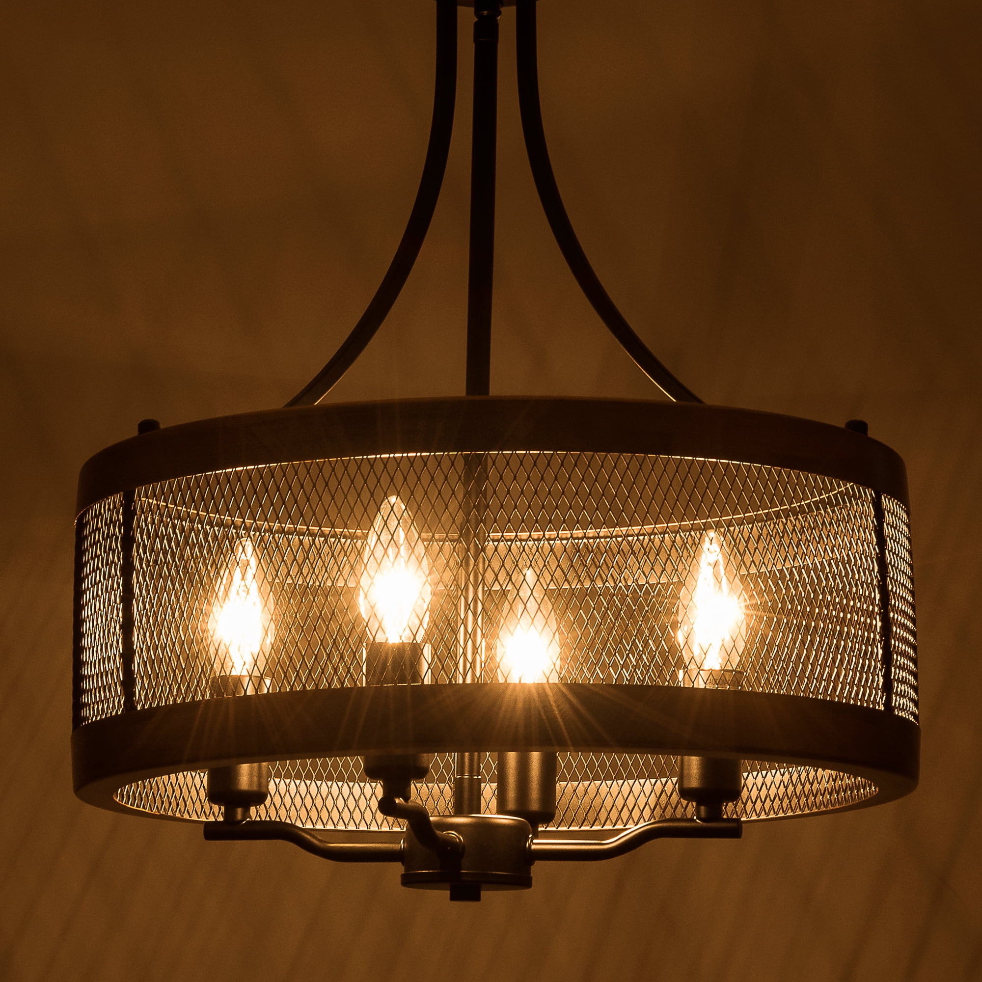 US HOME GOODS 4-Light Black Farmhouse Chandelier for Living Room, Rustic Industrial Flush Mount Ceiling Light Fixture, Metal Drum Pendant Lighting for Bedroom Hallway Kitchen Dining Room Foyer