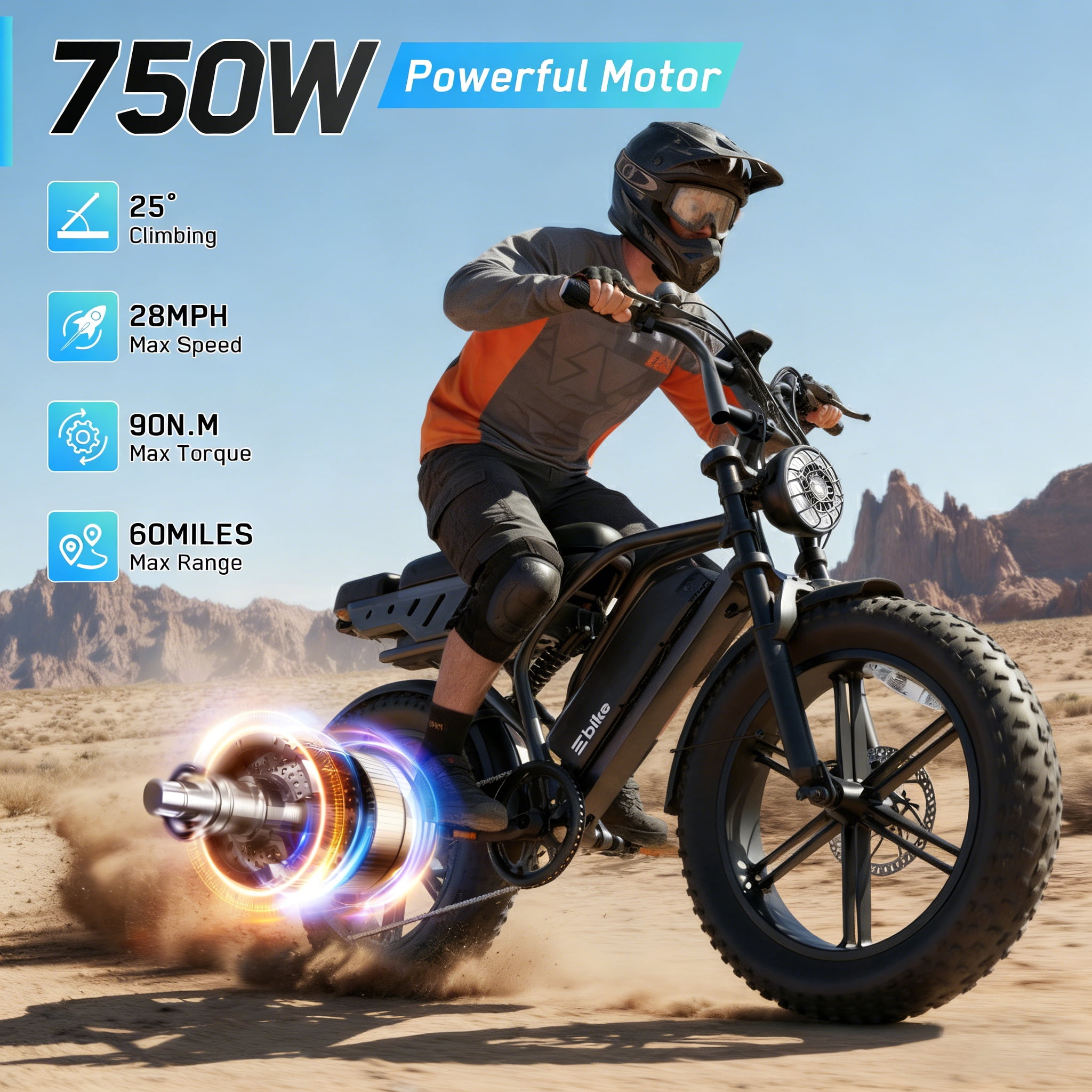 Electric Bike for Adults, 20"x4.0 Fat Tire E Bicycle, 750W Motor 48V 15Ah Removable Battery 7-Speed E-Bike UL2849, LCD Display