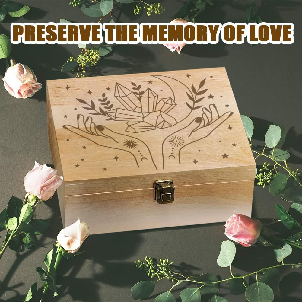 1 Pc Wooden Memory Keepsake Box Crystal and Witchy Hand Pattern Box with Hinged Lids Keepsake Chest for Souvenirs Picture Letter Storage 9.6x7.6x4inch(24.5x19.5x10.3cm)