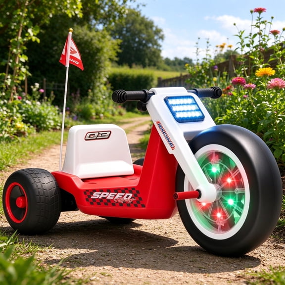 EDOEMSE Fun 12V Electric Car for Kids, Electric Ride On Tricycle with Soft Start, Light-Up Wheel, Adjustable Seat for 3-6, Red