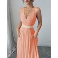 thumbnail image 6 of Coral Pink Sleeveless V-Neck Lace Bodice Cinched Waist A-Line Maxi Party Dress For Women, 6 of 6