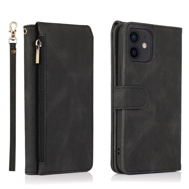 iPhone 15 PU Leather Zipper Case - Multi-Functional Wallet Style Phone Case (Black,iPhone 11Pro)