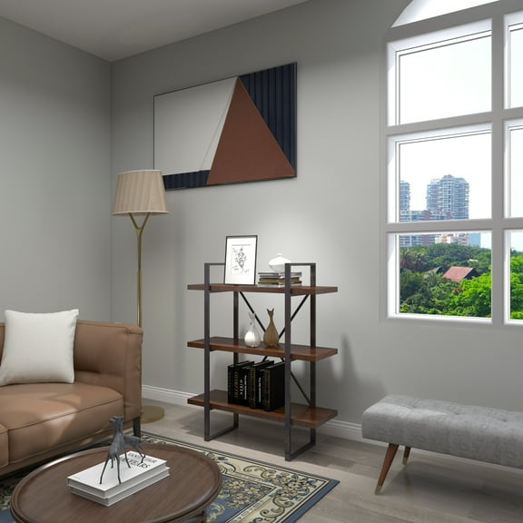 Davee 3-Tier Display and Etagere Bookcase in Antique Walnut Wood Color and Black Frame