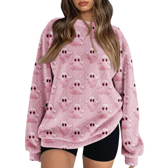 Flannel Halloween Sweatshirts for Women Oversized Pumpkin Cute Ghost Holiday Long Sleeve Fall Thanksgiving Sweaters 04-Light pink M