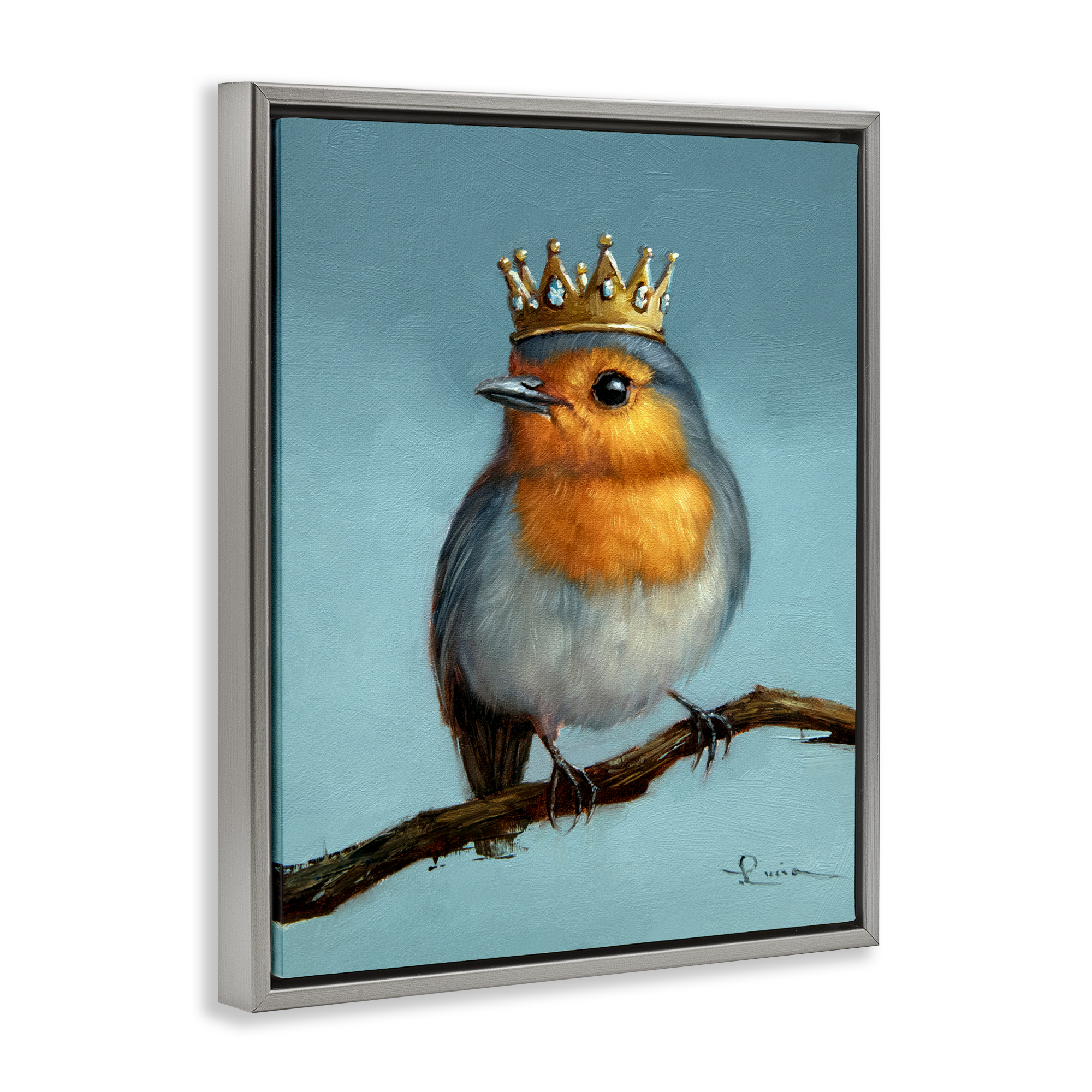 Royal Robin Perched Gray Framed Floater Canvas Wall Art, design by Lucia Heffernan