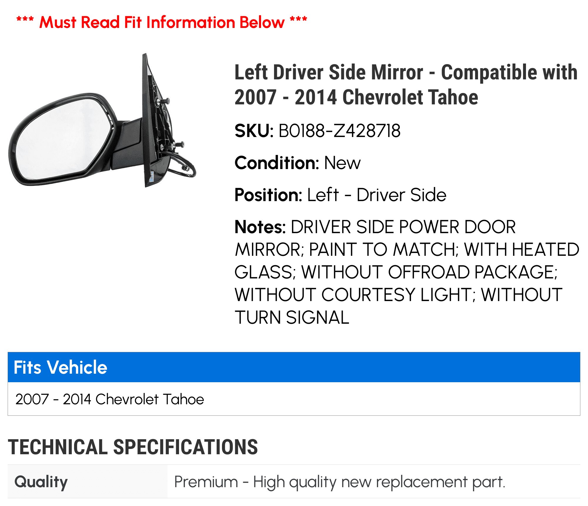 Left Driver Side Mirror - Compatible with 2007 - 2014 Chevy Tahoe 2008 2009 2010 2011 2012 2013