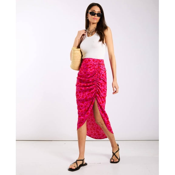 Pink Floral Ruche Side Midi Skirt