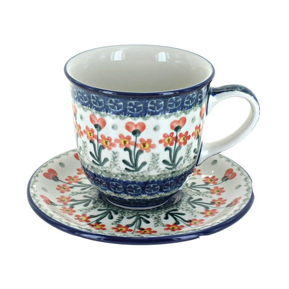 Blue Rose Polish Pottery Peach Posy Coffee Mug & Saucer