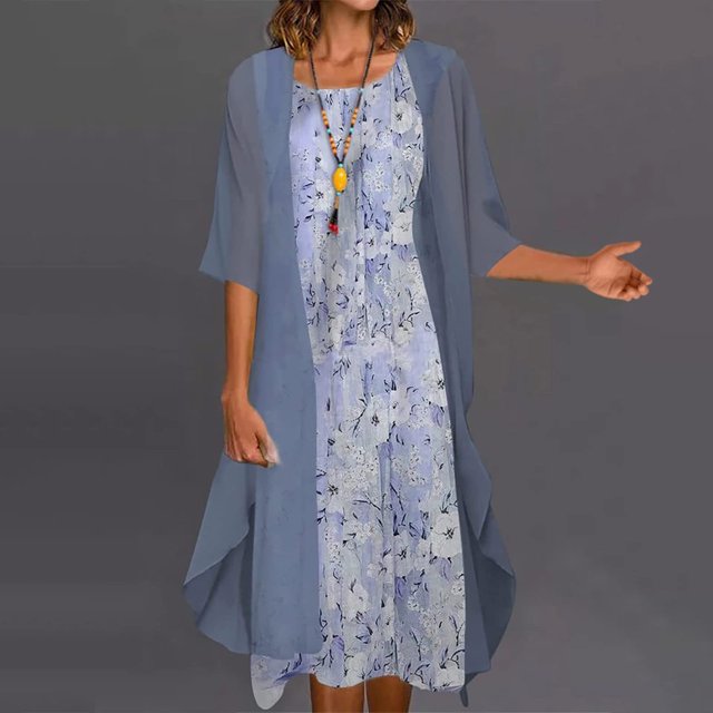EGNMCR Robes d'Été Femmes Tendance 2024 Mode Femmes Décontractée Robe Sans Manches à Imprimé Floral Manteau Uni Ensemble Deux Pièces