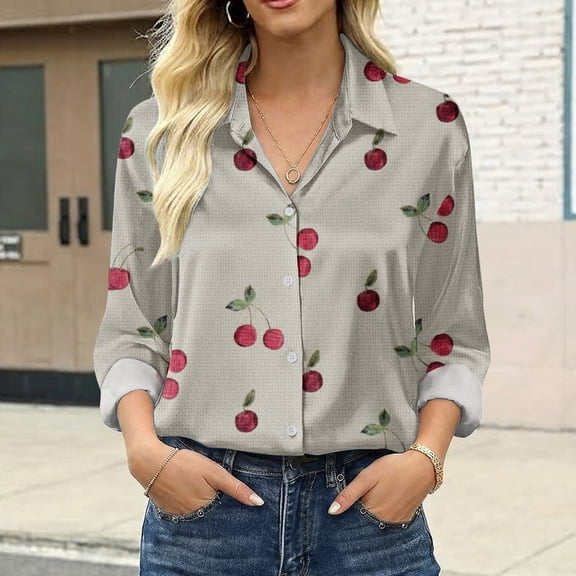 Shirts for Women Satin Long Sleeve Shirt Women's Retro Flower Casual Printed Shirt